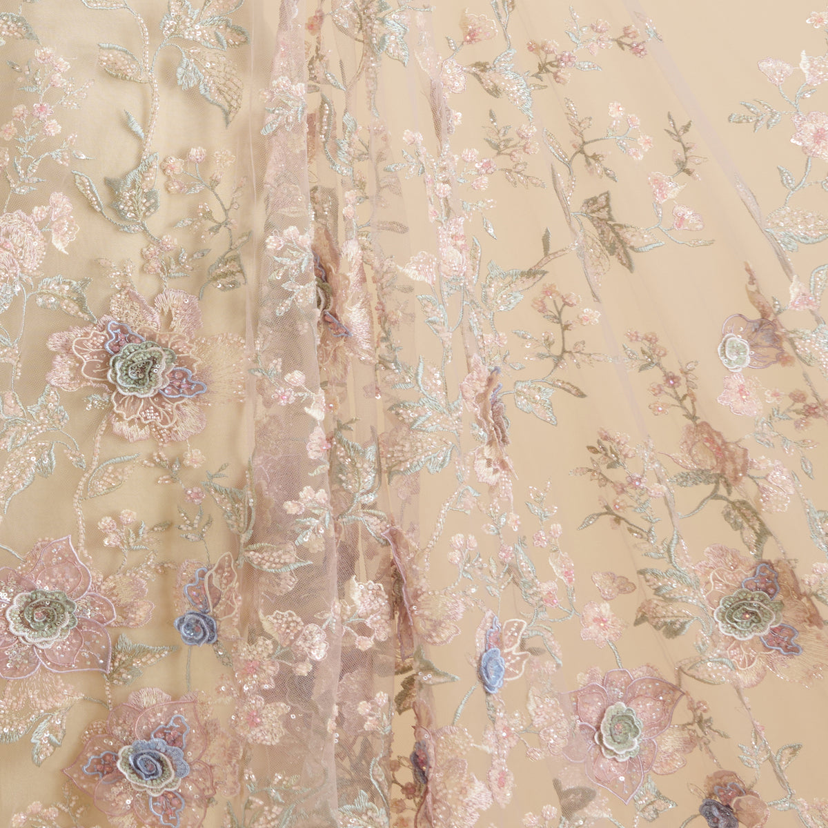 Peach Net Cutdana Pearl Resham 3D Embroidery Jaal Fabric