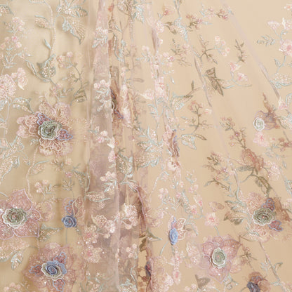 Peach Net Cutdana Pearl Resham 3D Embroidery Jaal Fabric