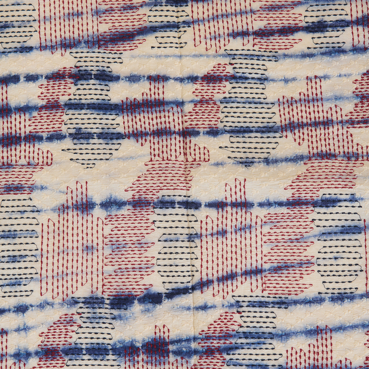 White Blue Batik Printed Fabric with Nokia Thread & Kantha Stitch Embroidery