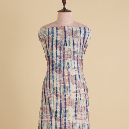 White Blue Batik Printed Fabric with Nokia Thread & Kantha Stitch Embroidery