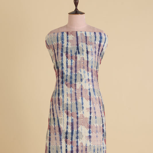 White Blue Batik Printed Fabric with Nokia Thread & Kantha Stitch Embroidery
