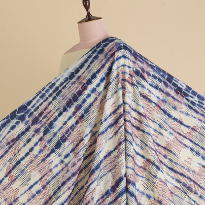 White Blue Batik Printed Fabric with Nokia Thread & Kantha Stitch Embroidery