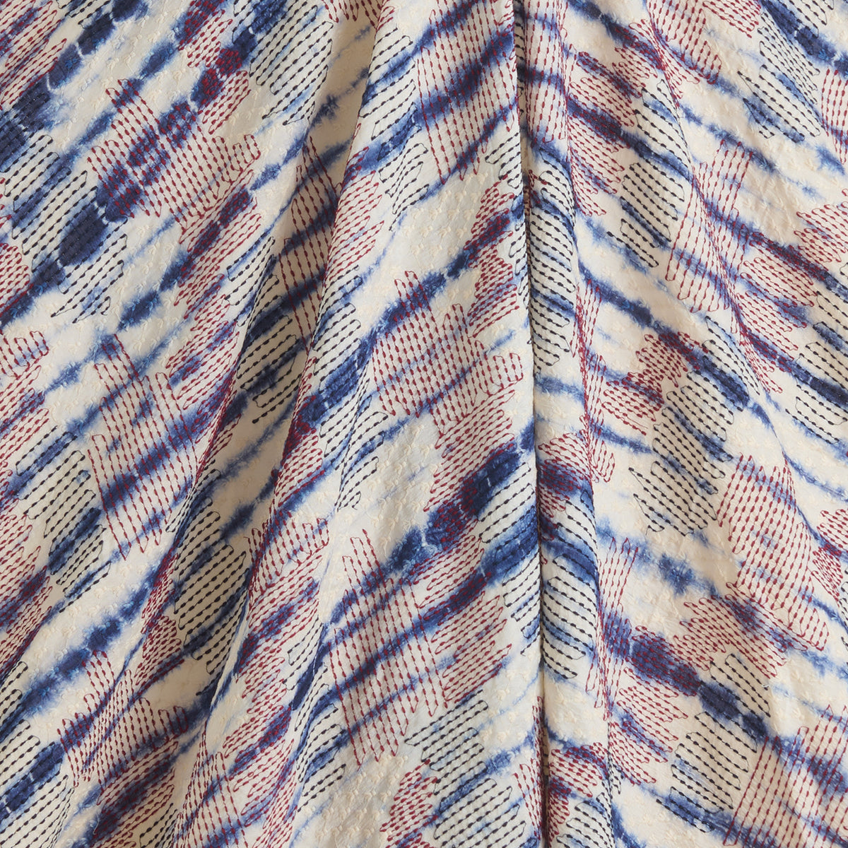 White Blue Batik Printed Fabric with Nokia Thread & Kantha Stitch Embroidery