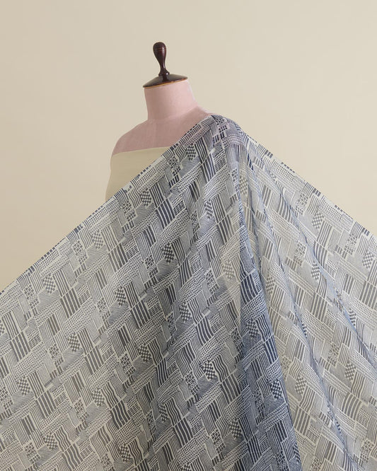 Blue Organza Geometric Printed Fabric
