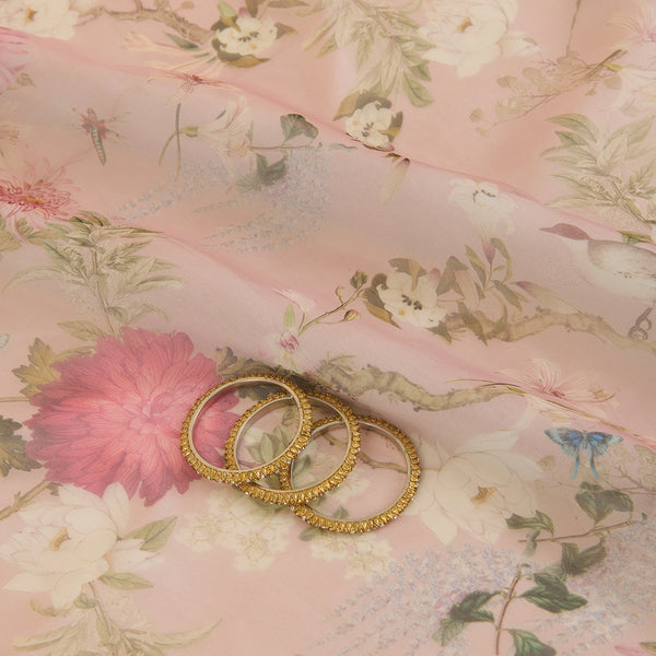 Multi Peach Organza Silk Floral Jaal Printed Fabric