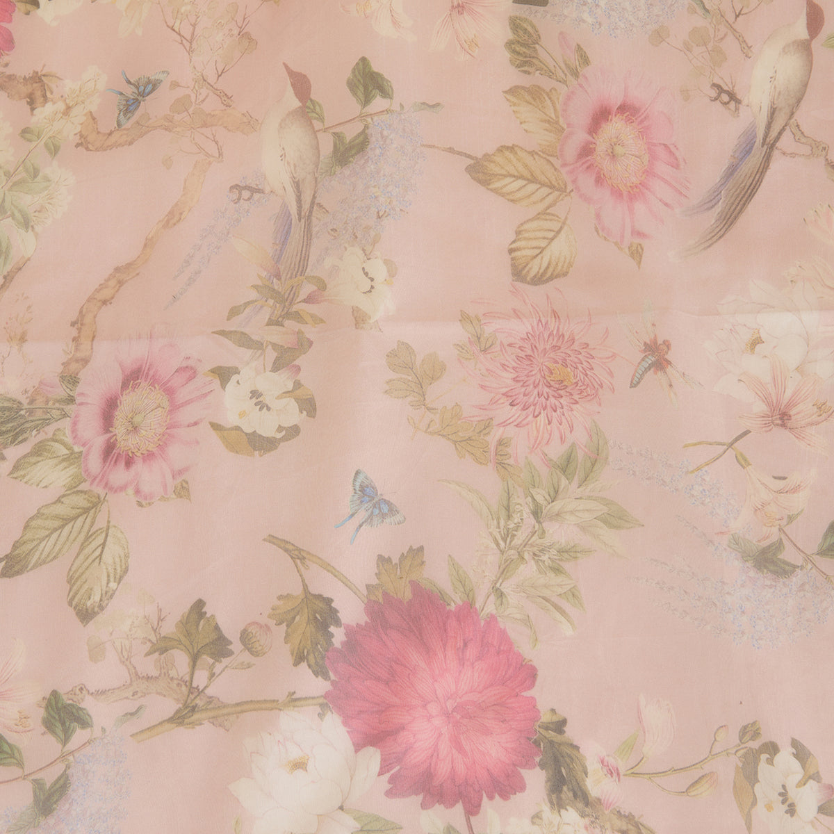 Multi Peach Organza Silk Floral Jaal Printed Fabric