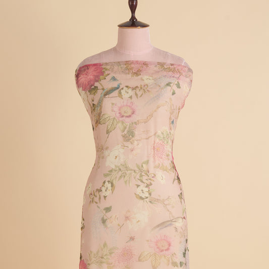 Multi Peach Organza Silk Floral Jaal Printed Fabric