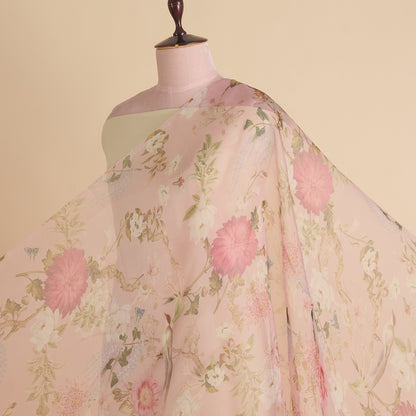 Multi Peach Organza Silk Floral Jaal Printed Fabric