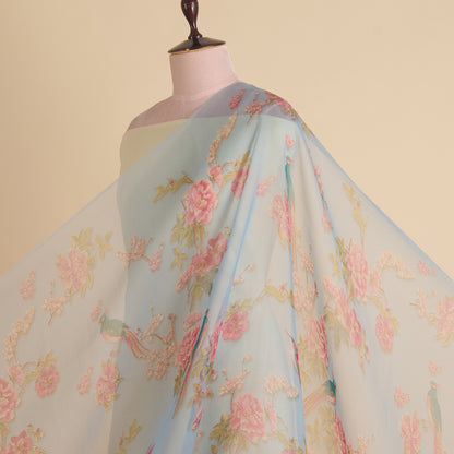 Blue Organza Silk Floral Figure Printed Fabric