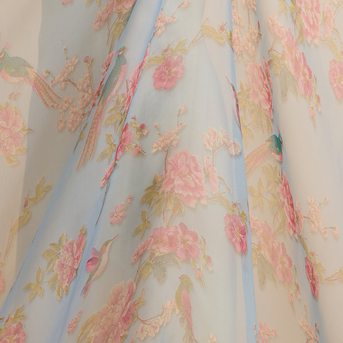 Blue Organza Silk Floral Figure Printed Fabric
