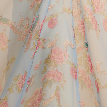 Blue Organza Silk Floral Figure Printed Fabric