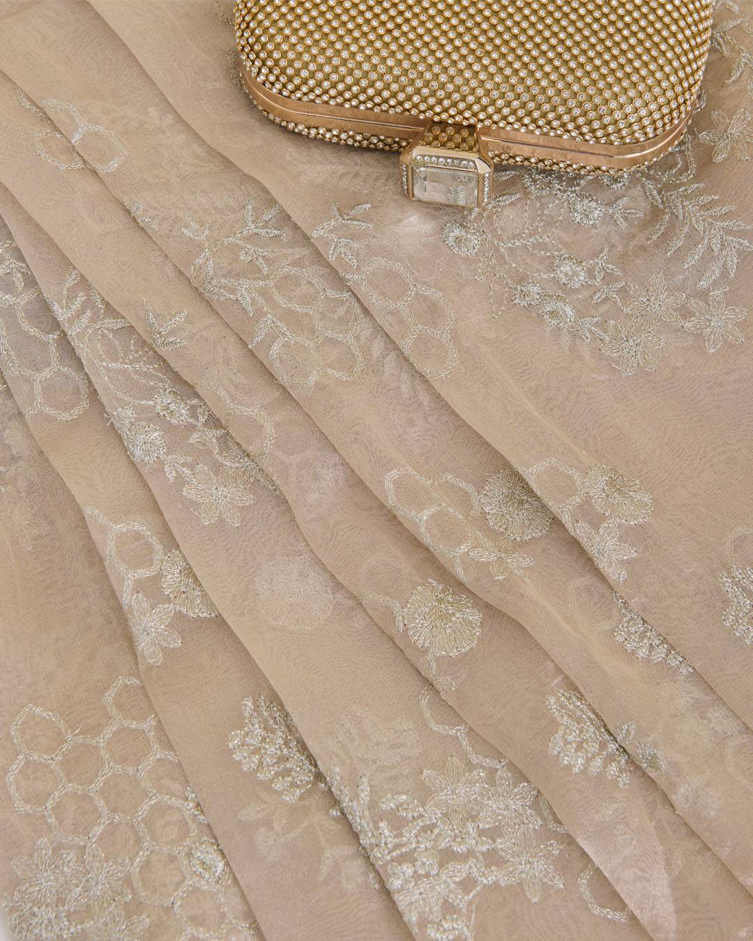 Beige Organza Tissue Kasab Zari & Sequins Buta Fabric