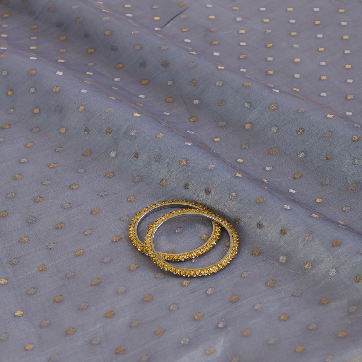 Blue Organza Tissue Polka Dots with Zari Skirt Border Fabric