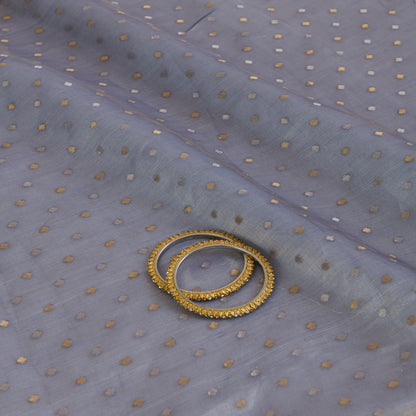 Blue Organza Tissue Polka Dots with Zari Skirt Border Fabric