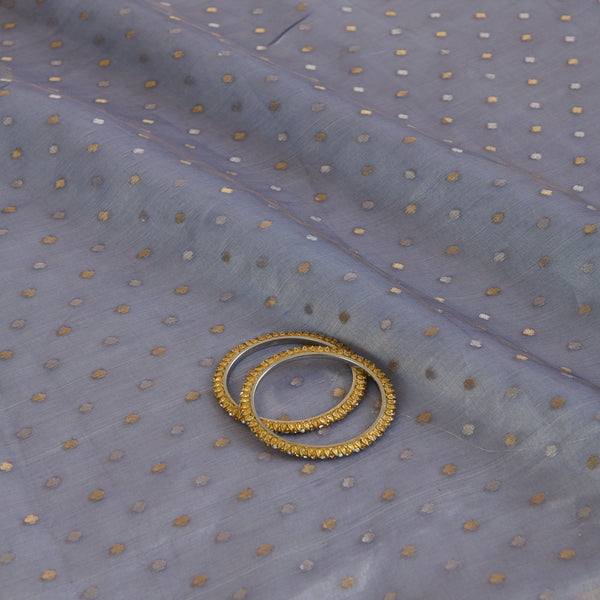 Blue Organza Tissue Polka Dots with Zari Skirt Border Fabric