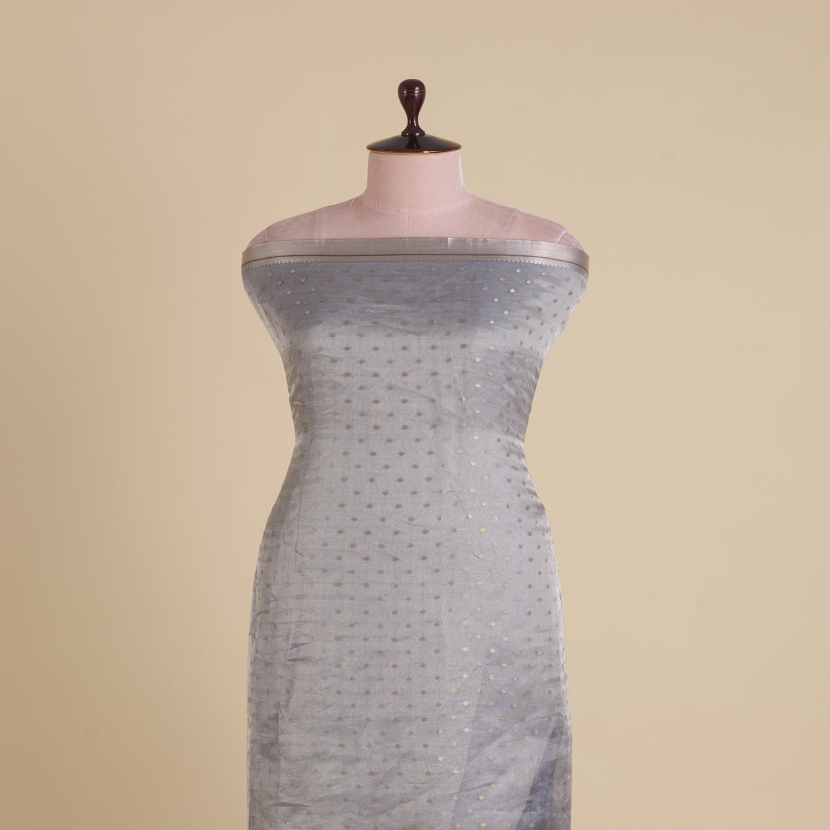 Blue Organza Tissue Polka Dots with Zari Skirt Border Fabric