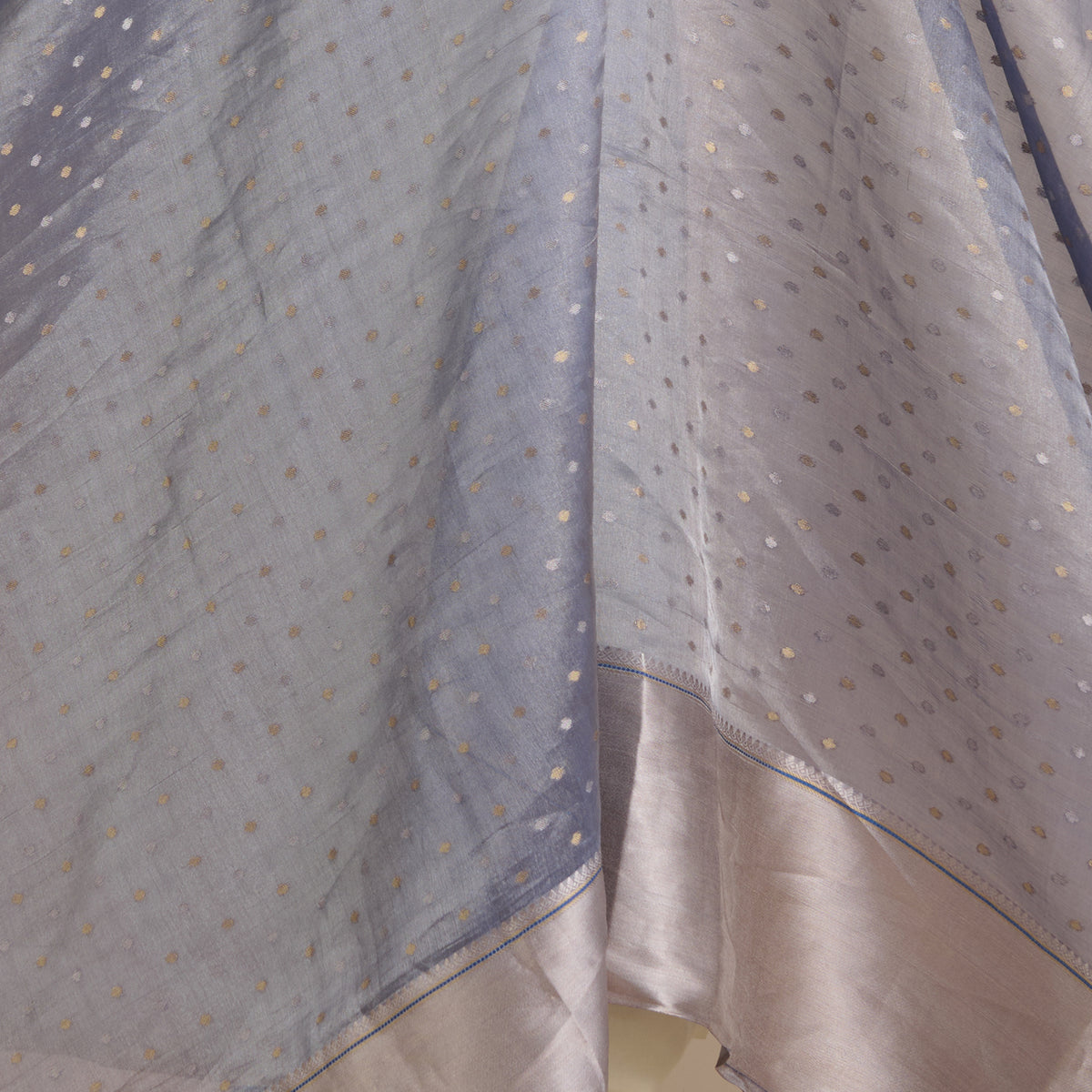 Blue Organza Tissue Polka Dots with Zari Skirt Border Fabric