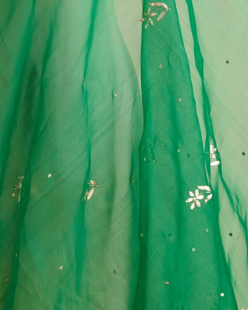 Bottle Green Organza Silk Lucknowi Badla Embroidery Fabric