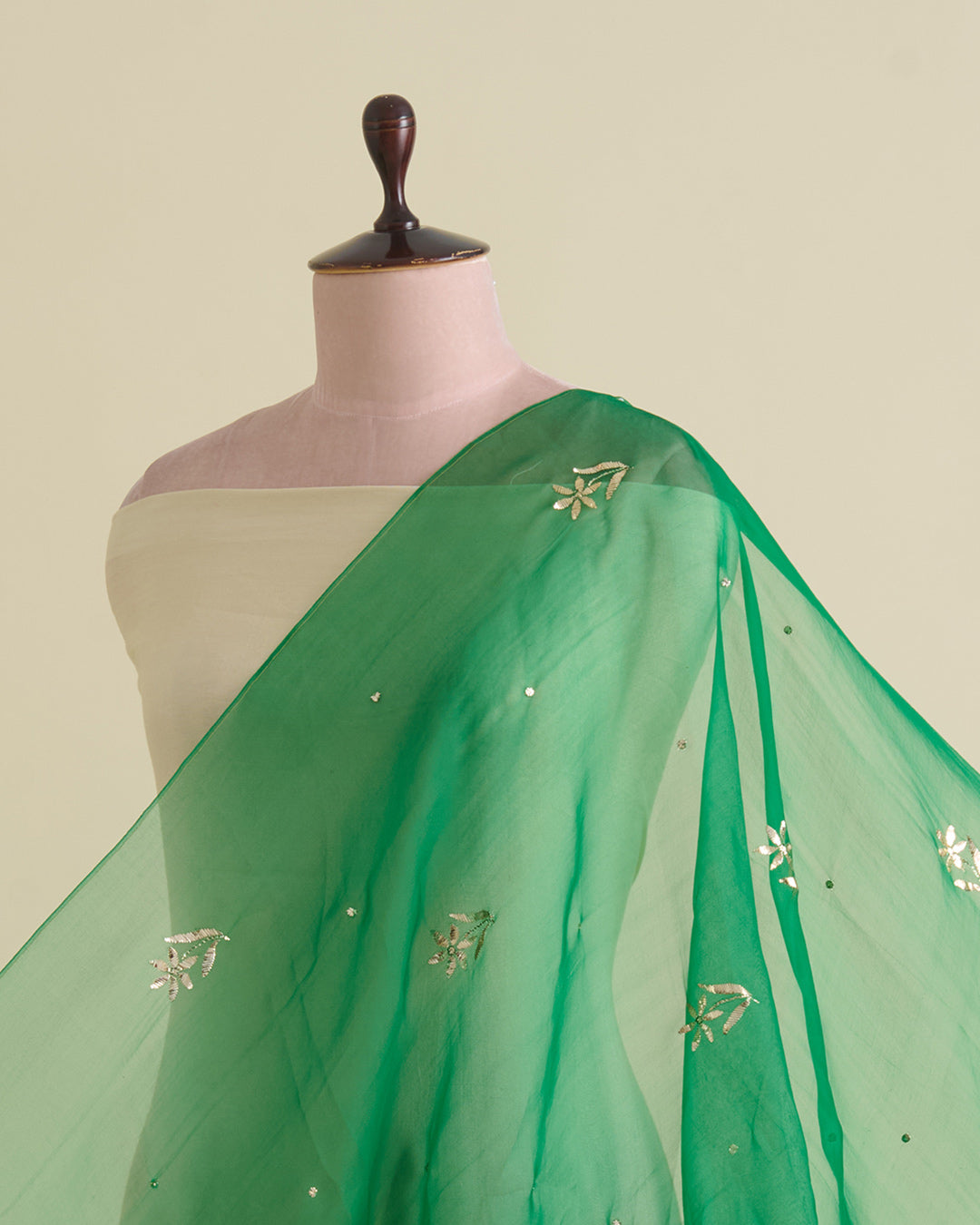 Bottle Green Organza Silk Lucknowi Badla Embroidery Fabric