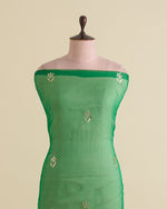 Bottle Green Organza Silk Lucknowi Badla Embroidery Fabric