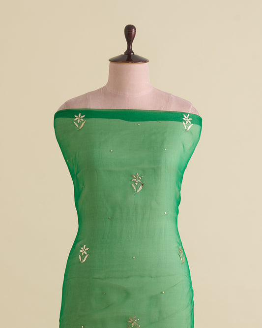 Bottle Green Organza Silk Lucknowi Badla Embroidery Fabric