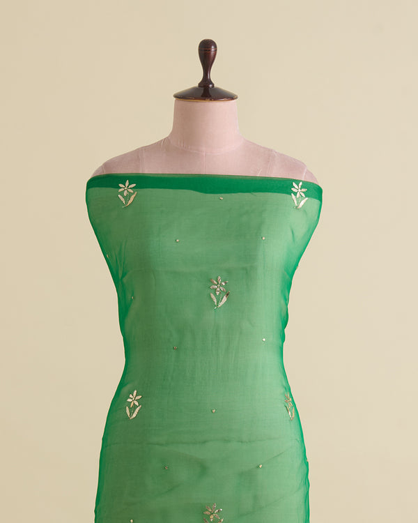 Bottle Green Organza Silk Lucknowi Badla Embroidery Fabric