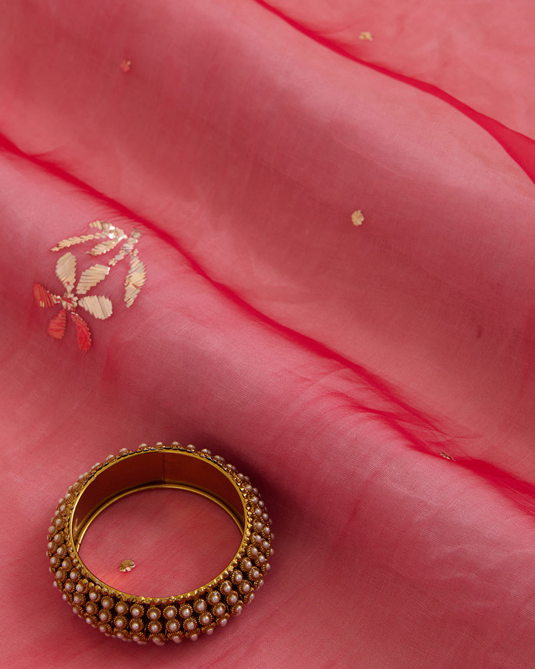 Dark Red Organza Silk Lucknowi Badla Embroidered Fabric