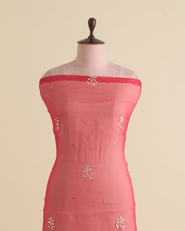 Dark Red Organza Silk Lucknowi Badla Embroidered Fabric