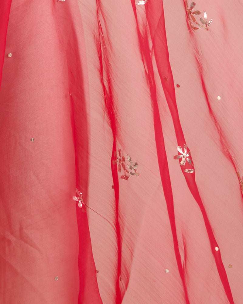 Dark Red Organza Silk Lucknowi Badla Embroidered Fabric