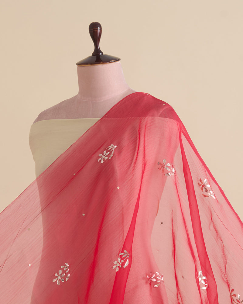 Dark Red Organza Silk Lucknowi Badla Embroidered Fabric