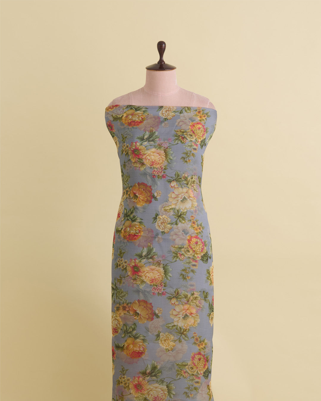 Grey Organza Flower Printed Fabric – Lightweight Sheer Material