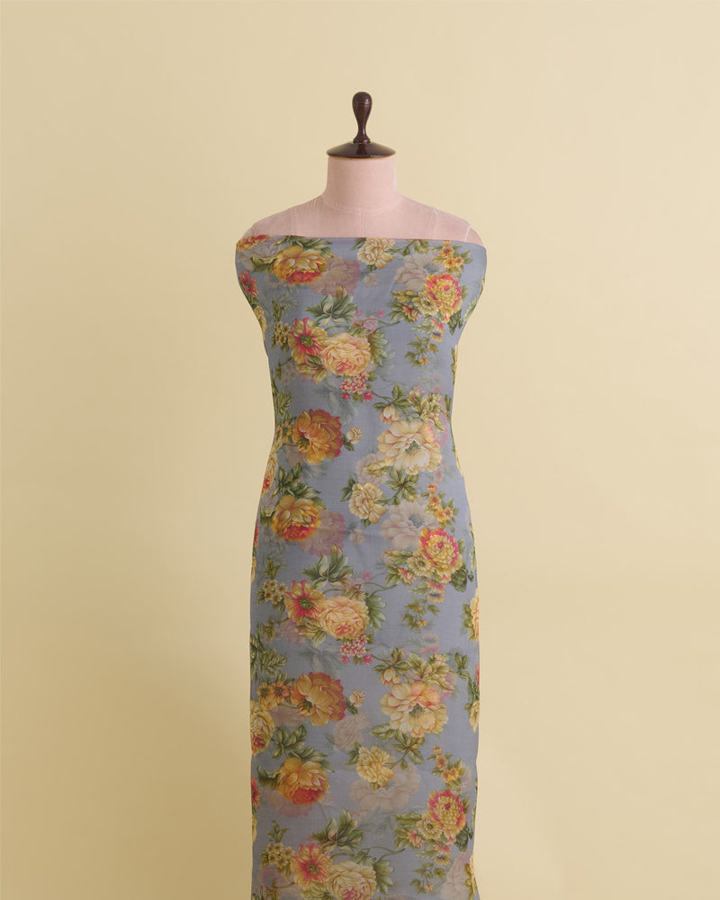 Grey Organza Flower Printed Fabric – Lightweight Sheer Material