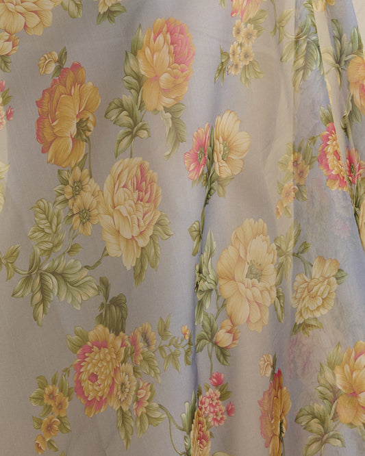 Grey Organza Flower Printed Fabric – Lightweight Sheer Material