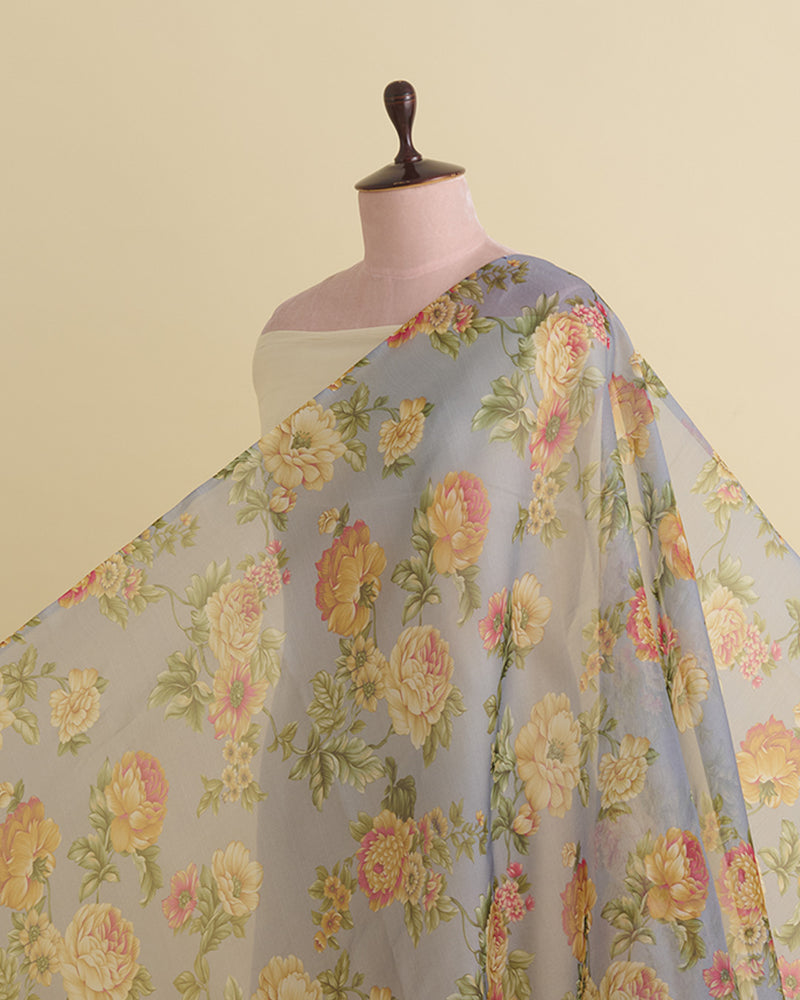 Grey Organza Flower Printed Fabric – Lightweight Sheer Material