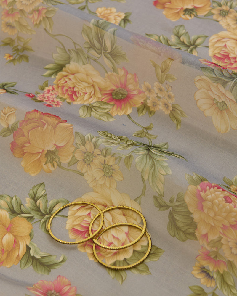 Grey Organza Flower Printed Fabric – Lightweight Sheer Material