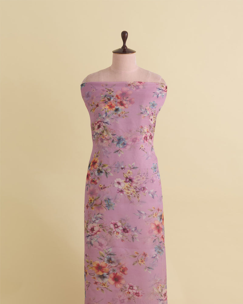 Lavender Floral Printed Organza Fabric – Lightweight Sheer Material