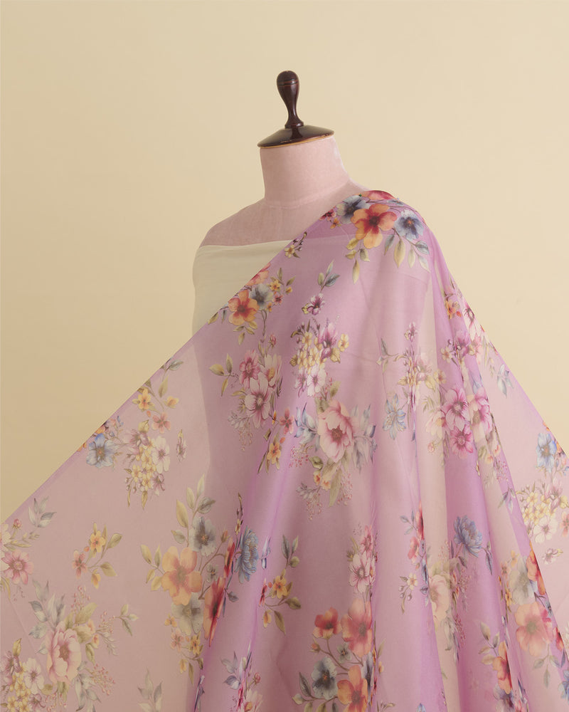 Lavender Floral Printed Organza Fabric – Lightweight Sheer Material