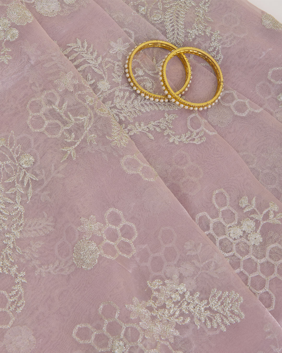 Lilac Organza Tissue Kasab Zari & Sequins Embroidery Buta Fabric