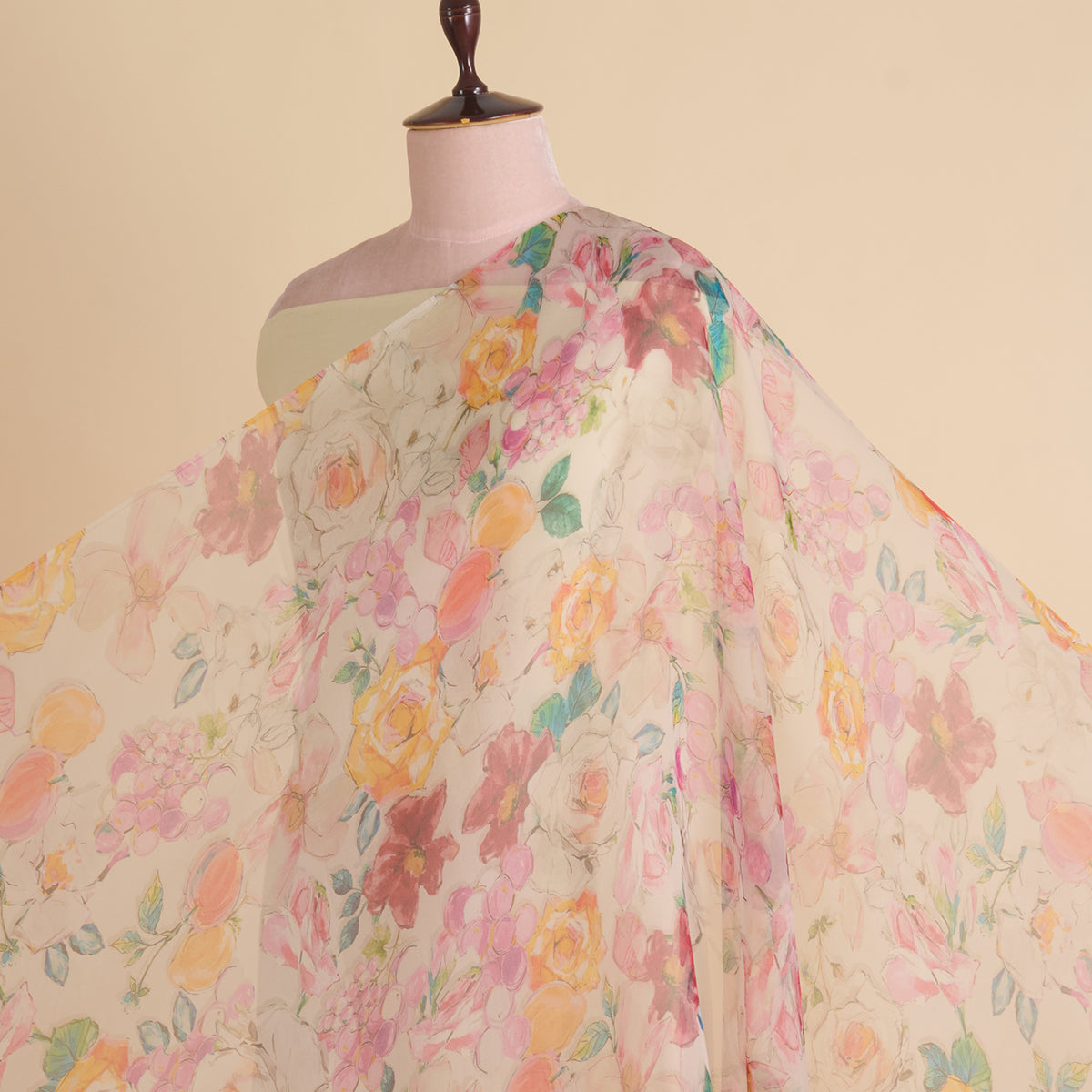 Offwhite Multi Organza Silk Floral Jaal Printed Fabric