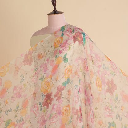 Offwhite Multi Organza Silk Floral Jaal Printed Fabric