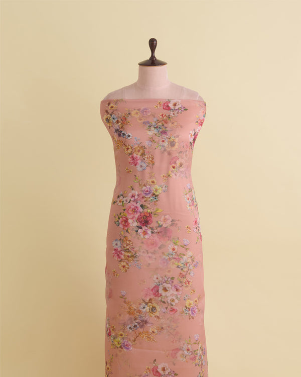 Peach Floral Printed Organza Fabric – Lightweight Sheer Material