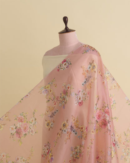 Peach Floral Printed Organza Fabric