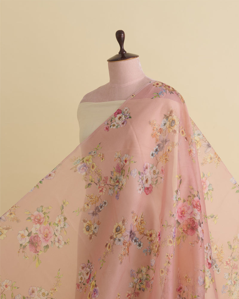 Peach Floral Printed Organza Fabric – Lightweight Sheer Material