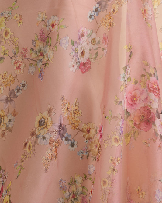 Peach Floral Printed Organza Fabric