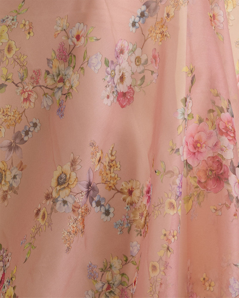 Peach Floral Printed Organza Fabric – Lightweight Sheer Material