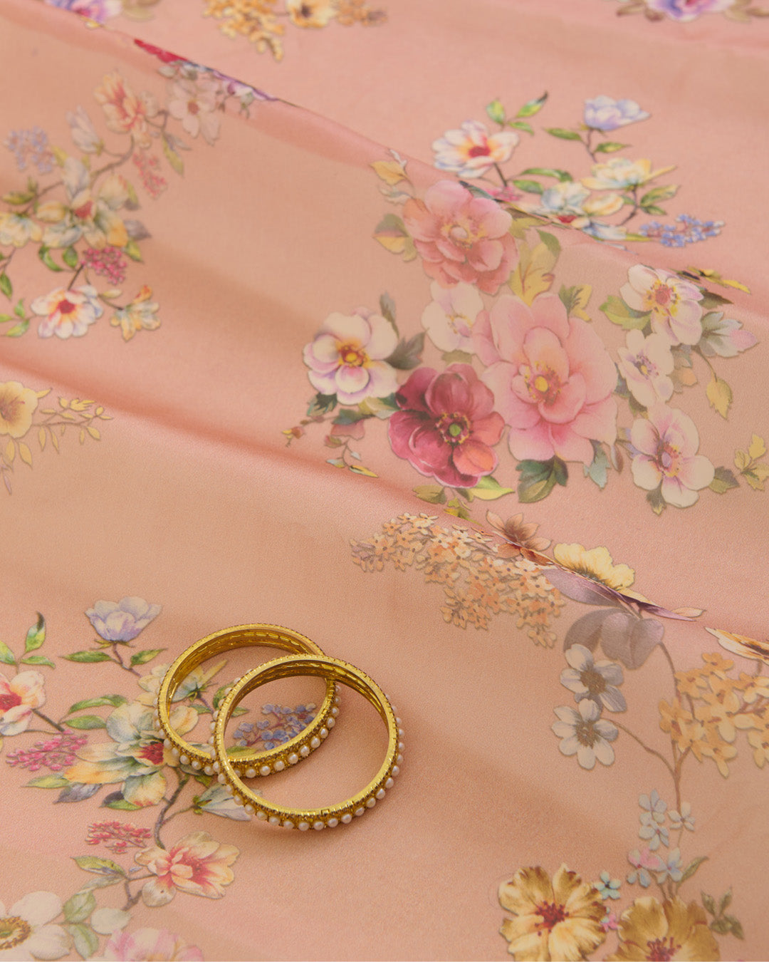 Peach Floral Printed Organza Fabric – Lightweight Sheer Material