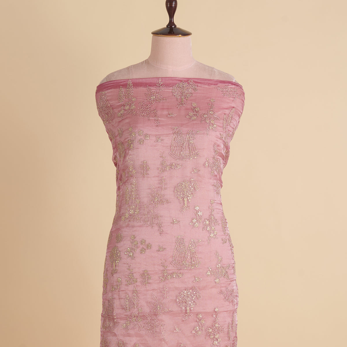 Pink Organza Tissue Kasab Sequin Figure Buta Jaal Fabric