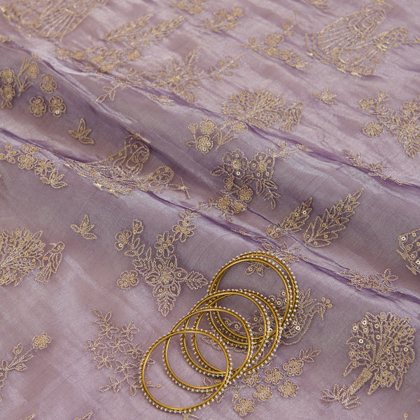 Purple Organza Tissue Kasab Sequin Figure Buta Jaal Fabric