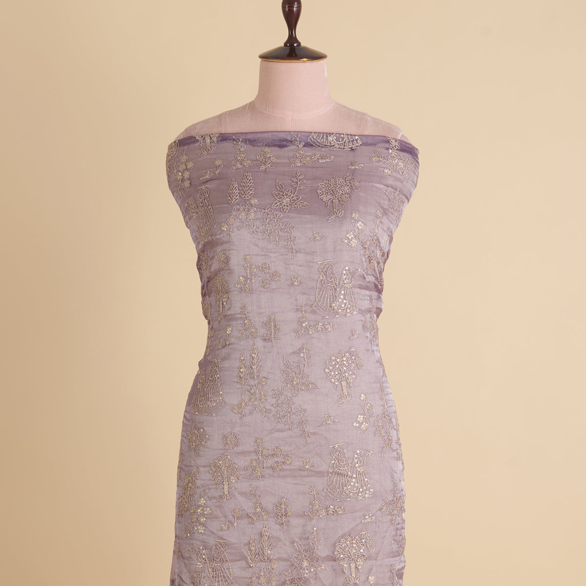 Purple Organza Tissue Kasab Sequin Figure Buta Jaal Fabric