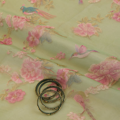 Parrot Green Organza Silk Floral Figure Printed Fabric
